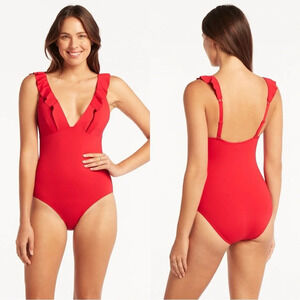 Sea Level Australia Eco Essentials Frill One Piece Swimsuit in Red Size 12
